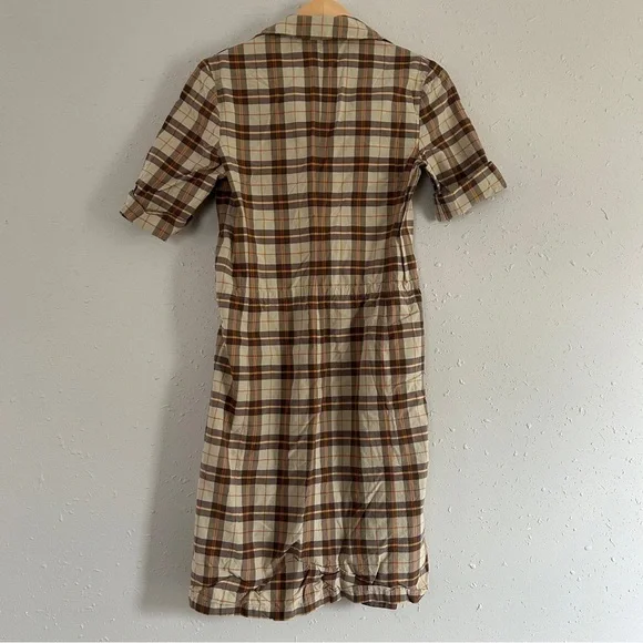 Philippe Adec Vintage Plaid Mini Dress Casual Brown Tan Small 90s Retro - Picture 3 of 7